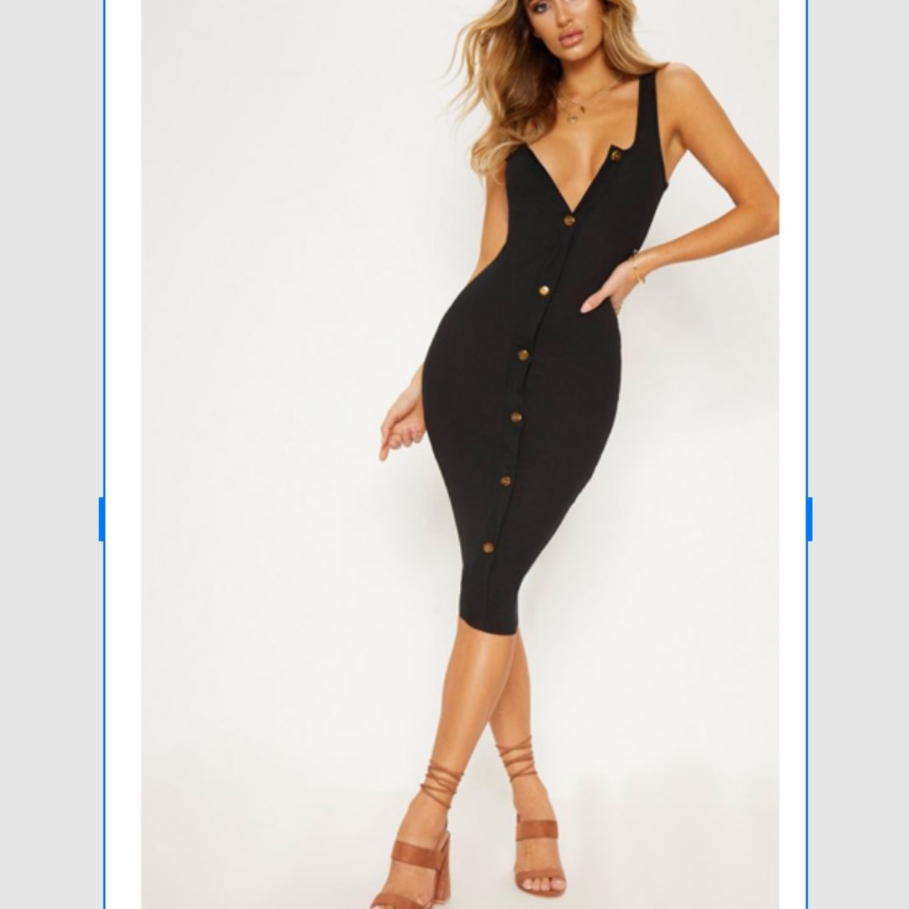 Black Ribbed Button Detail Midi Dress